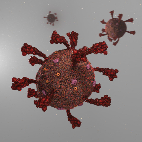 The image depicts the Omicron variant of Sars-CoV-2 in red.