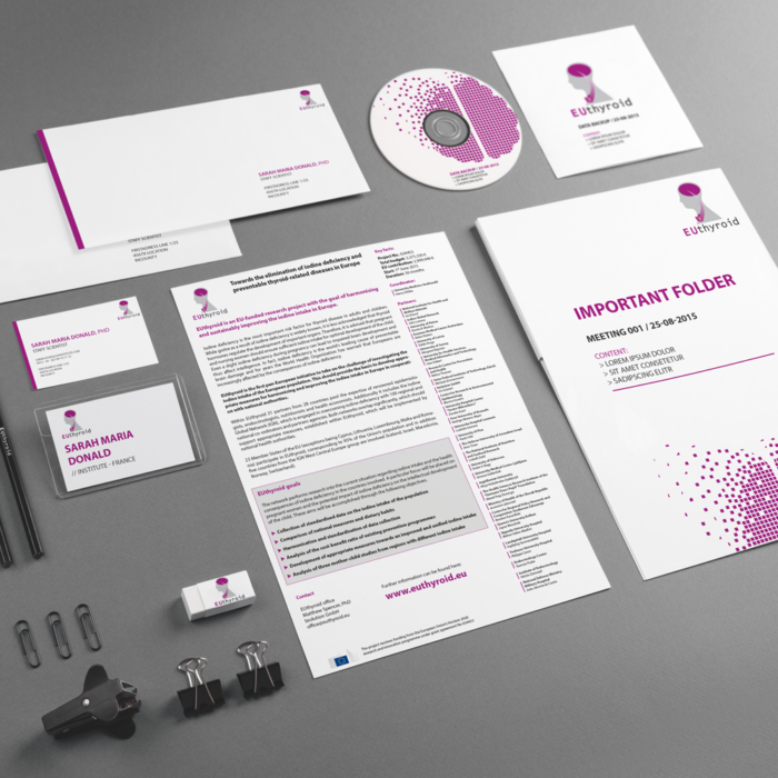 EUthyroid branding mock-up. displayed is folder, business card, envelopes, flyer, information page.