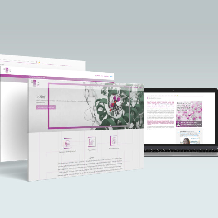 Three website screens on the left-hand side, displayed on a grey background. A fourth one is displayed on a laptop on the right-hand side.