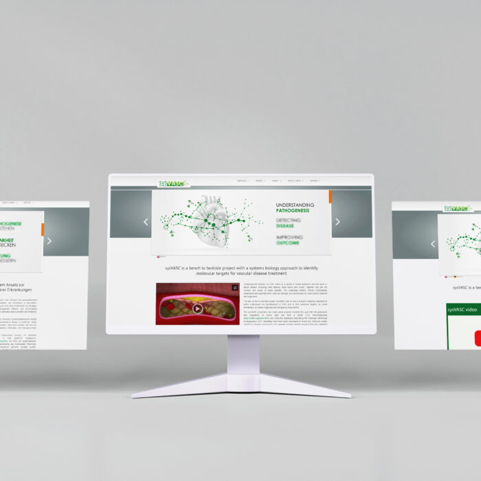 Three website pages on a grey background. the middle one is displayed on a computer screen.